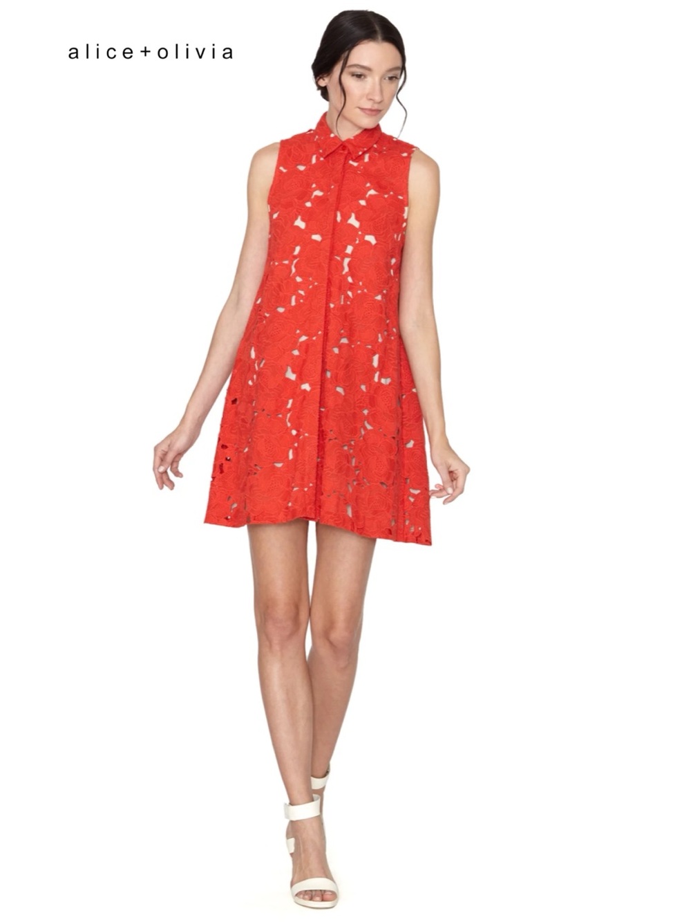 Alice + Olivia Helina Lace Shirt Dress Red Sleeveless Collared A-Line L Eyelet